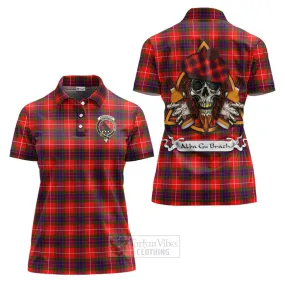 Abernethy Tartan Women's Polo Shirt with Family Crest and Bearded Skull Holding Bottles of Whiskey