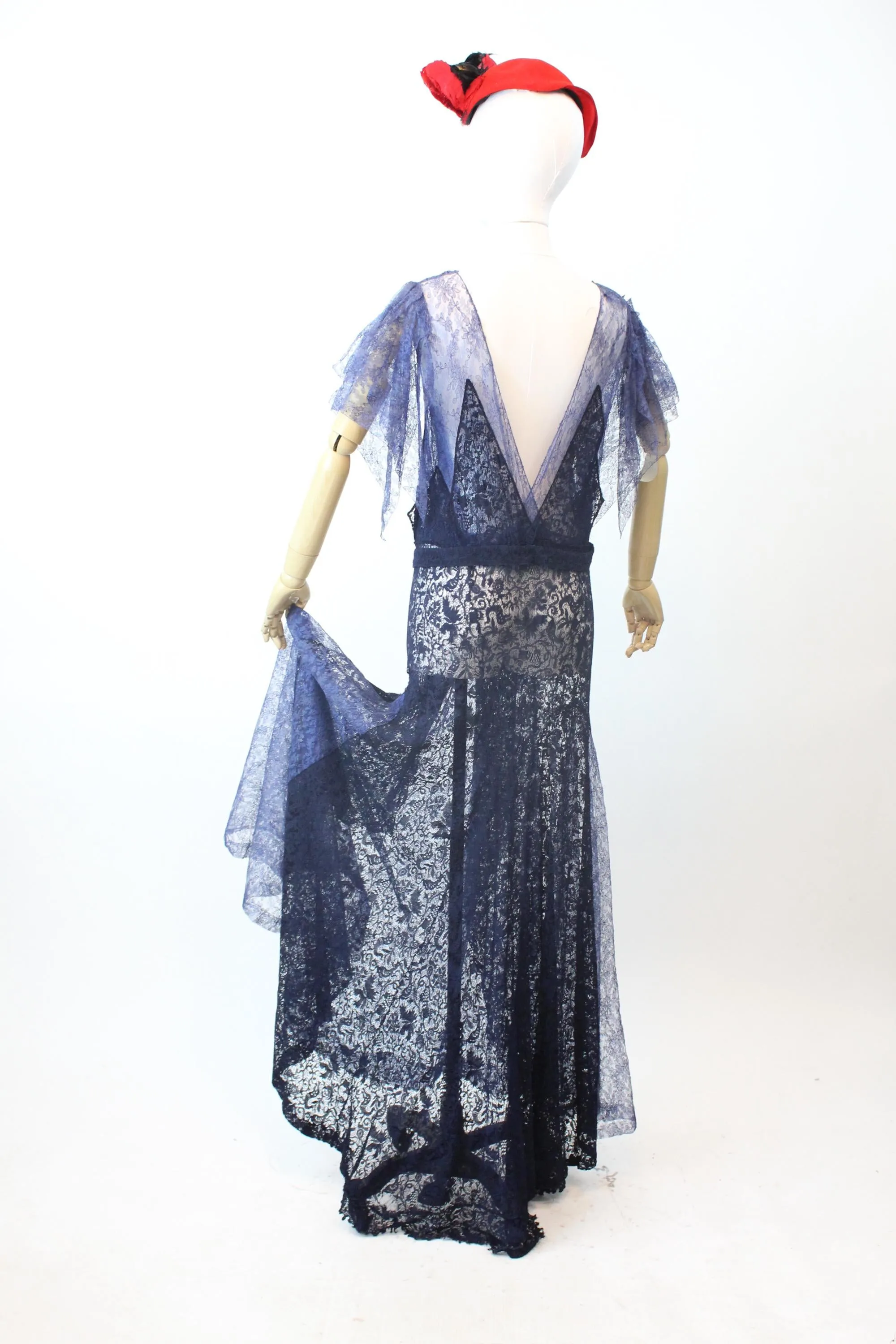 1930s TWO TONE blue lace GOWN flutter sleeves dress small medium | new fall winter