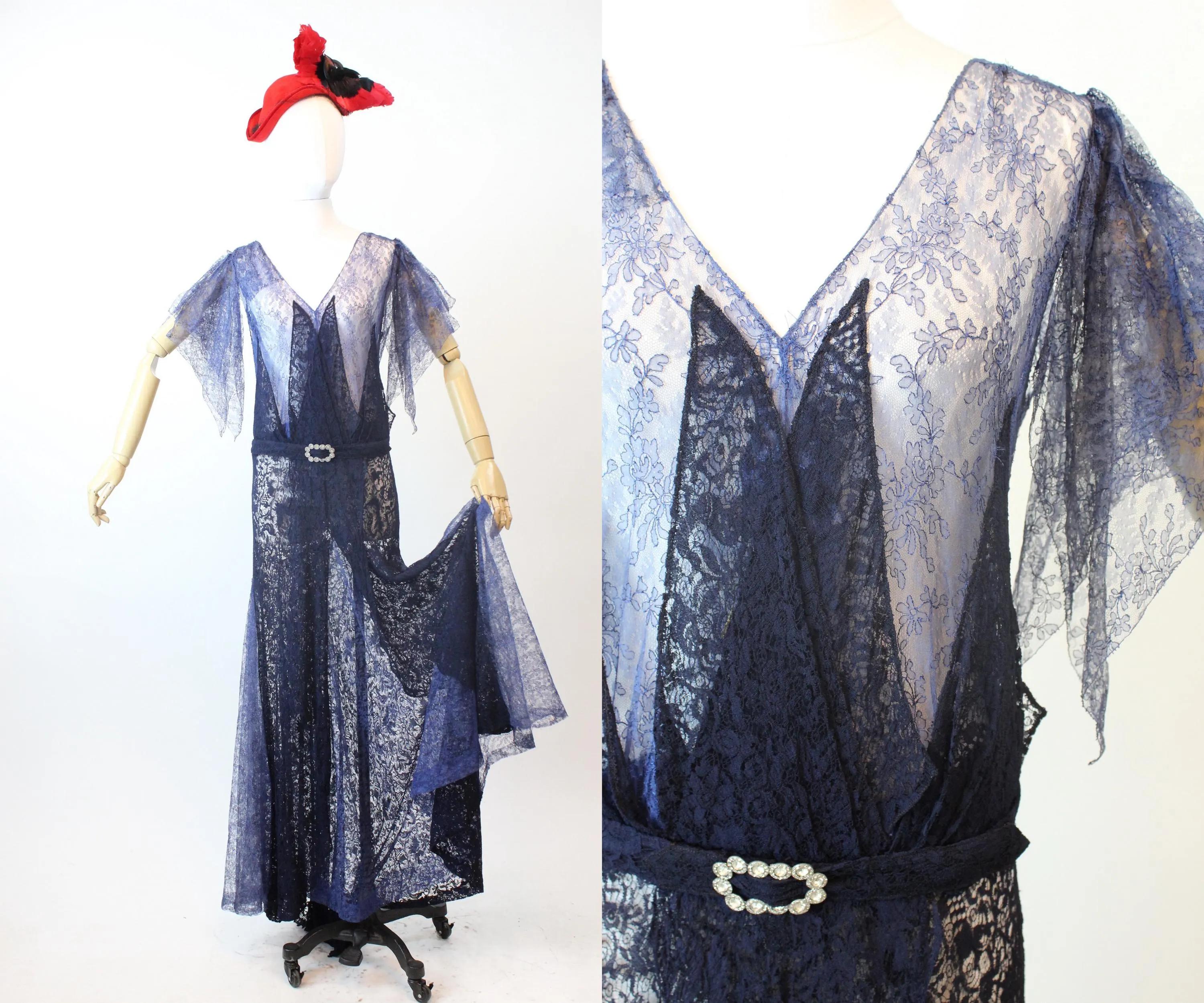 1930s TWO TONE blue lace GOWN flutter sleeves dress small medium | new fall winter