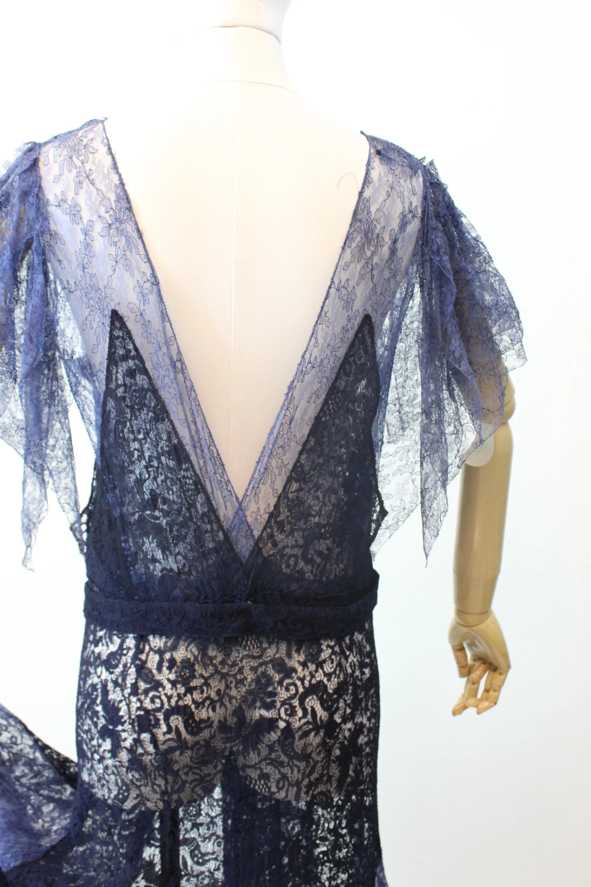 1930s TWO TONE blue lace GOWN flutter sleeves dress small medium | new fall winter