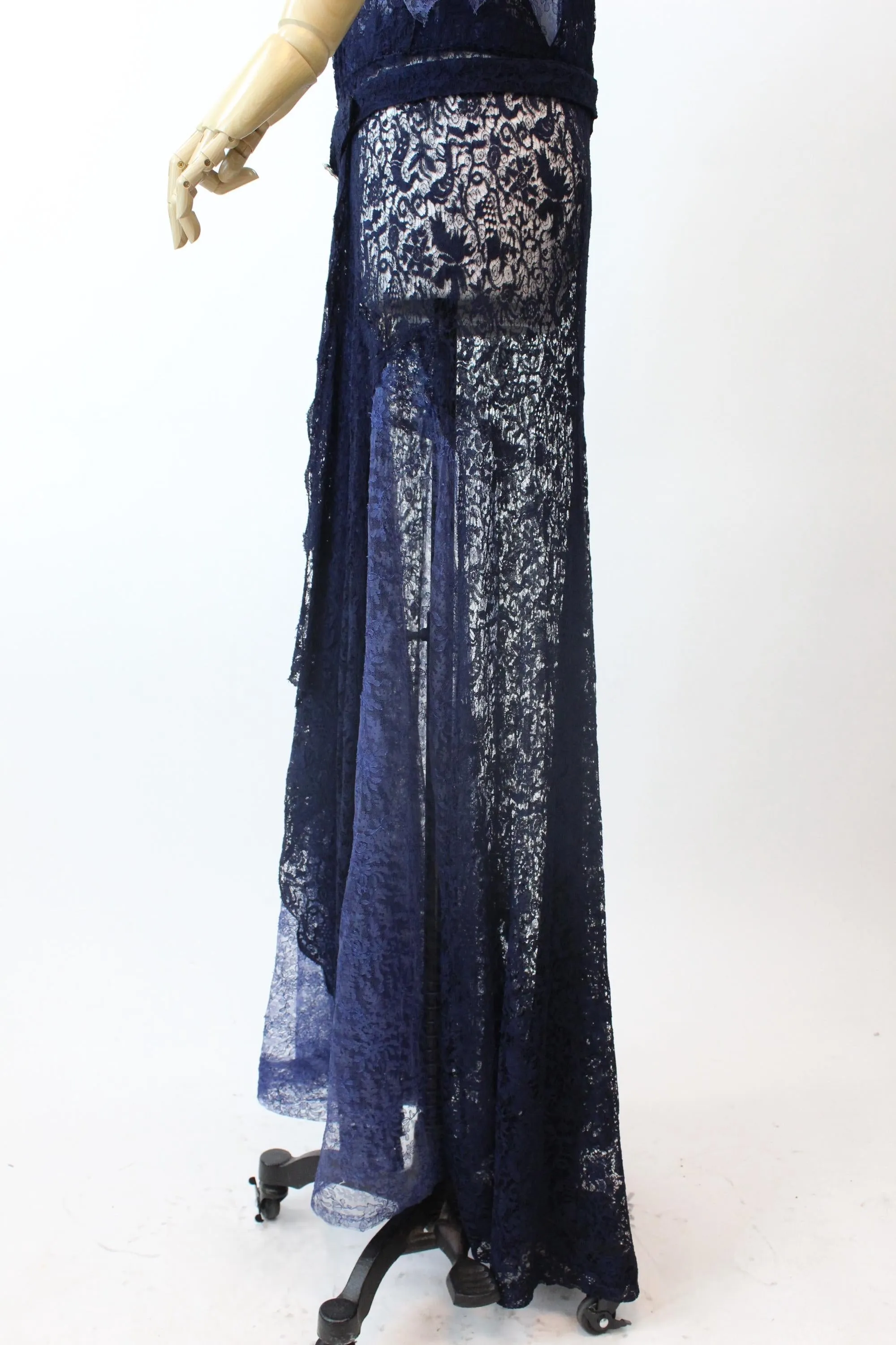 1930s TWO TONE blue lace GOWN flutter sleeves dress small medium | new fall winter