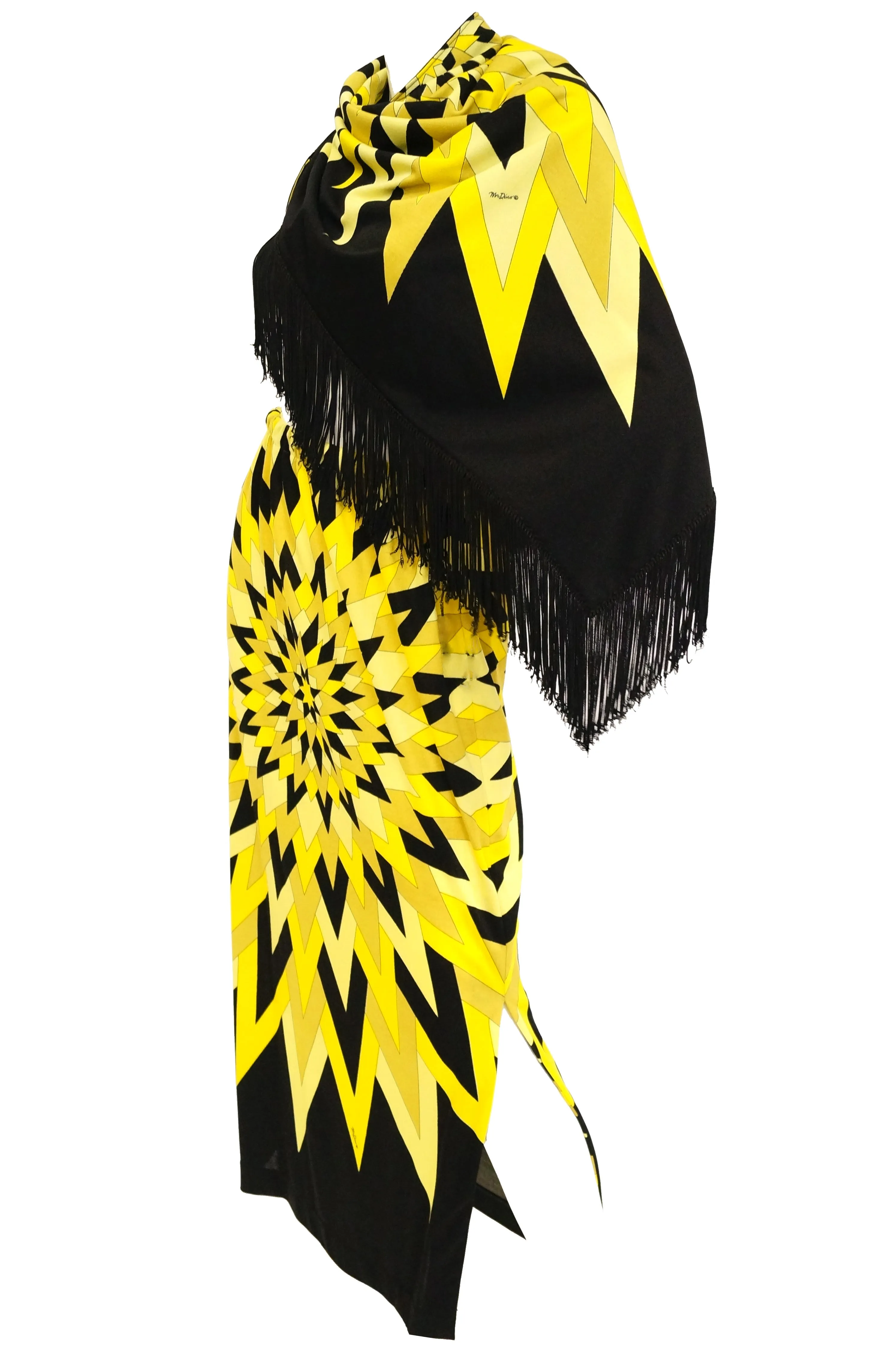 1960s Mr Dino Op Art Sun Burst Sheath Skirt and Fringe Shawl