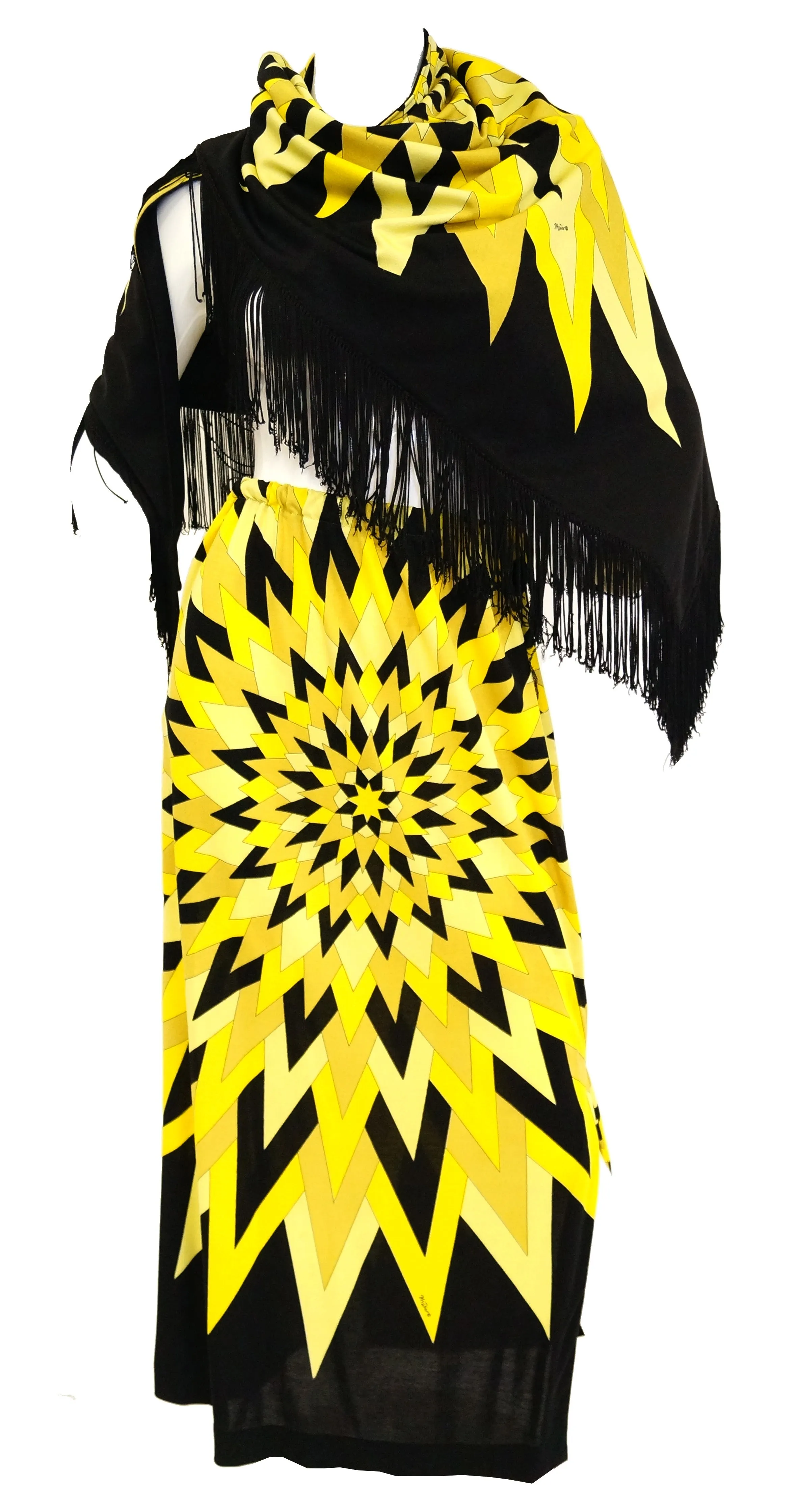 1960s Mr Dino Op Art Sun Burst Sheath Skirt and Fringe Shawl