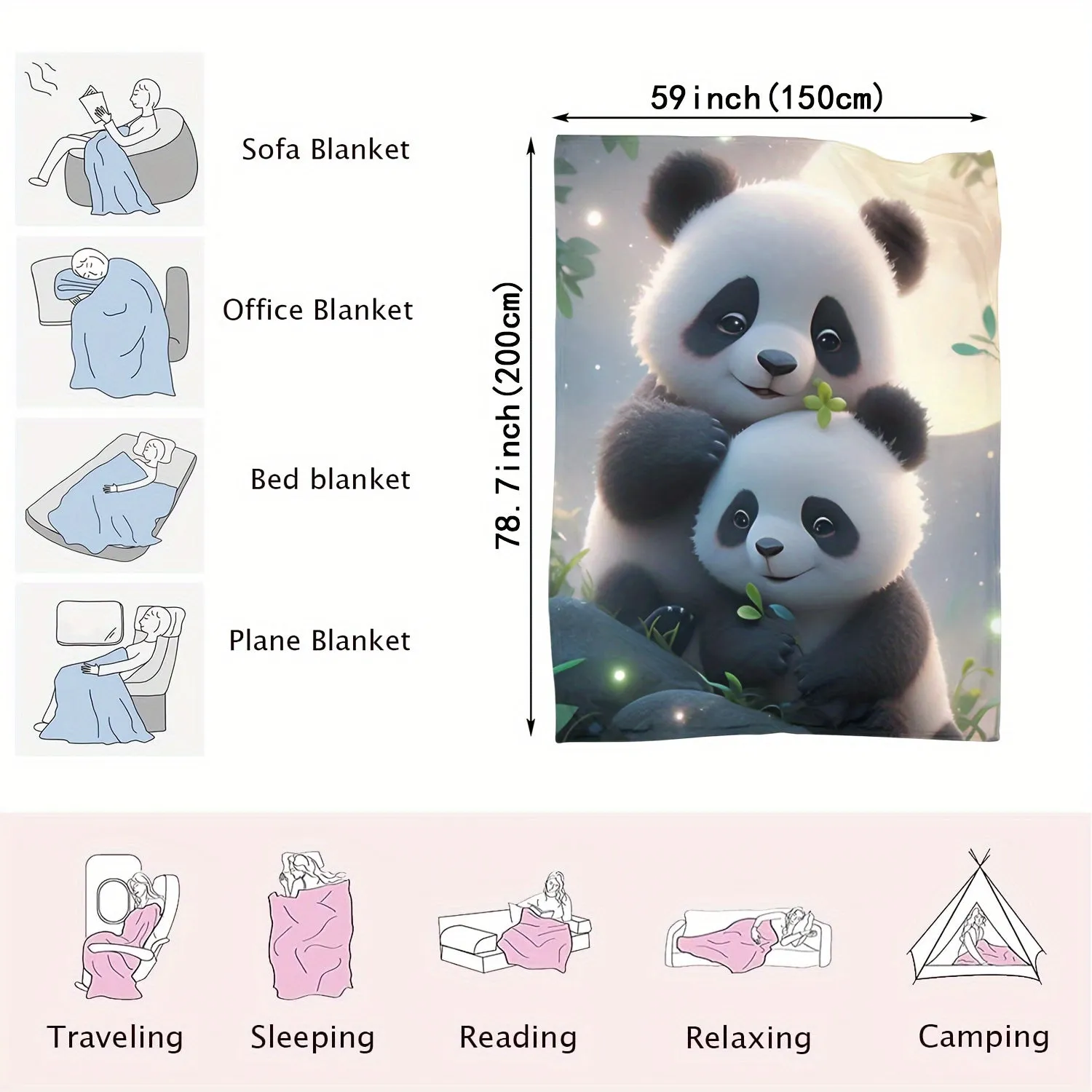 1pc Cozy Panda Print Flannel Blanket - Soft, Comfortable, Versatile Throw for Sofa, Bed, Office, Shawl, Cover Legs, Wild Camping - Multi-Purpose, Lightweight, Warm, Fuzzy, and Easy to Care