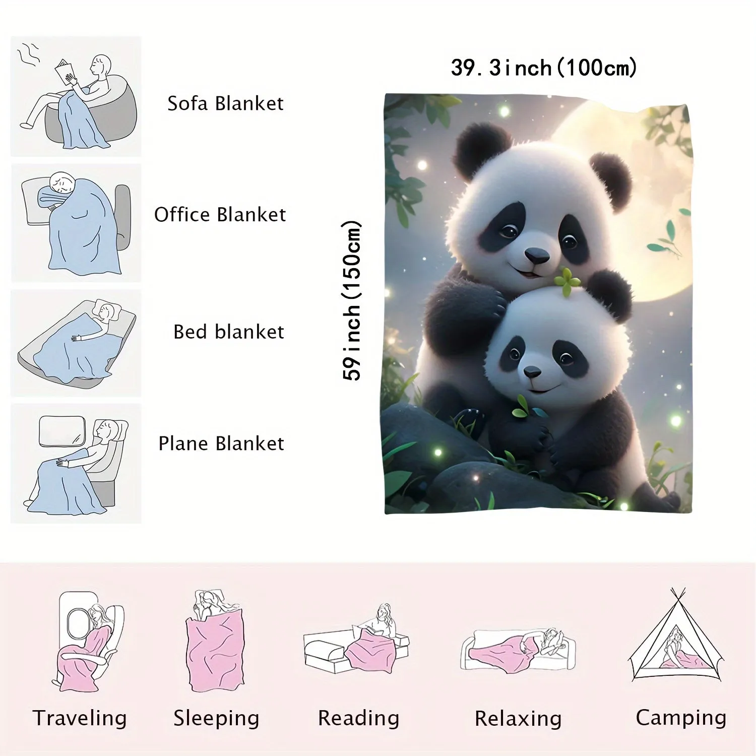 1pc Cozy Panda Print Flannel Blanket - Soft, Comfortable, Versatile Throw for Sofa, Bed, Office, Shawl, Cover Legs, Wild Camping - Multi-Purpose, Lightweight, Warm, Fuzzy, and Easy to Care