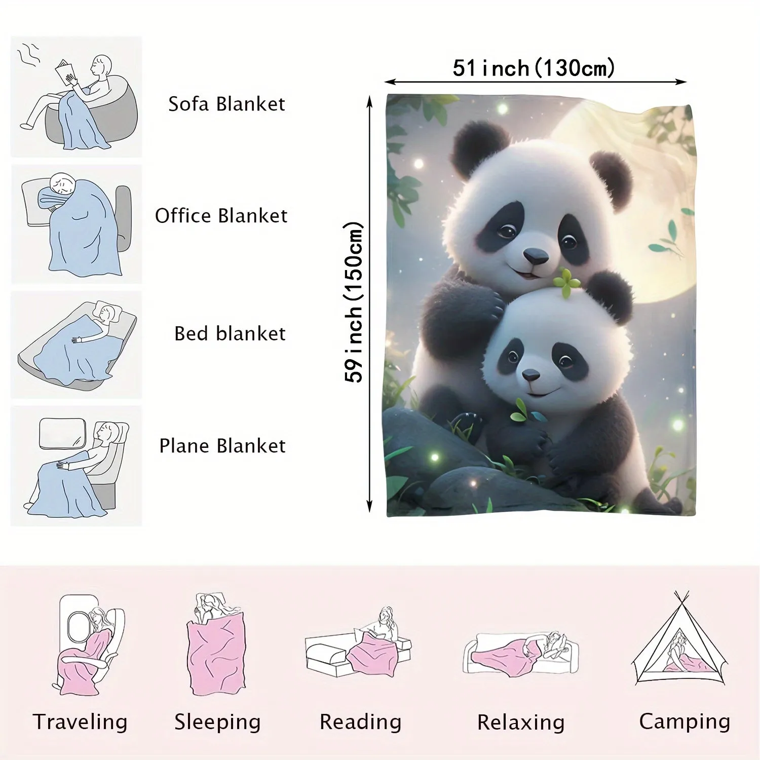 1pc Cozy Panda Print Flannel Blanket - Soft, Comfortable, Versatile Throw for Sofa, Bed, Office, Shawl, Cover Legs, Wild Camping - Multi-Purpose, Lightweight, Warm, Fuzzy, and Easy to Care