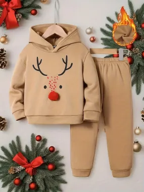 2pcs Comfy Fleece Boy's Co Ord Set, Creative Christmas Reindeer Pattern Design Long Sleeve Hoodie & Casual Versatile Sweatpants, Ideal For Autumn And Winter Outdoor Wear