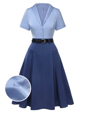 2PCS Dark Blue 1950s Solid Lapel Blouse & Pleated Skirt