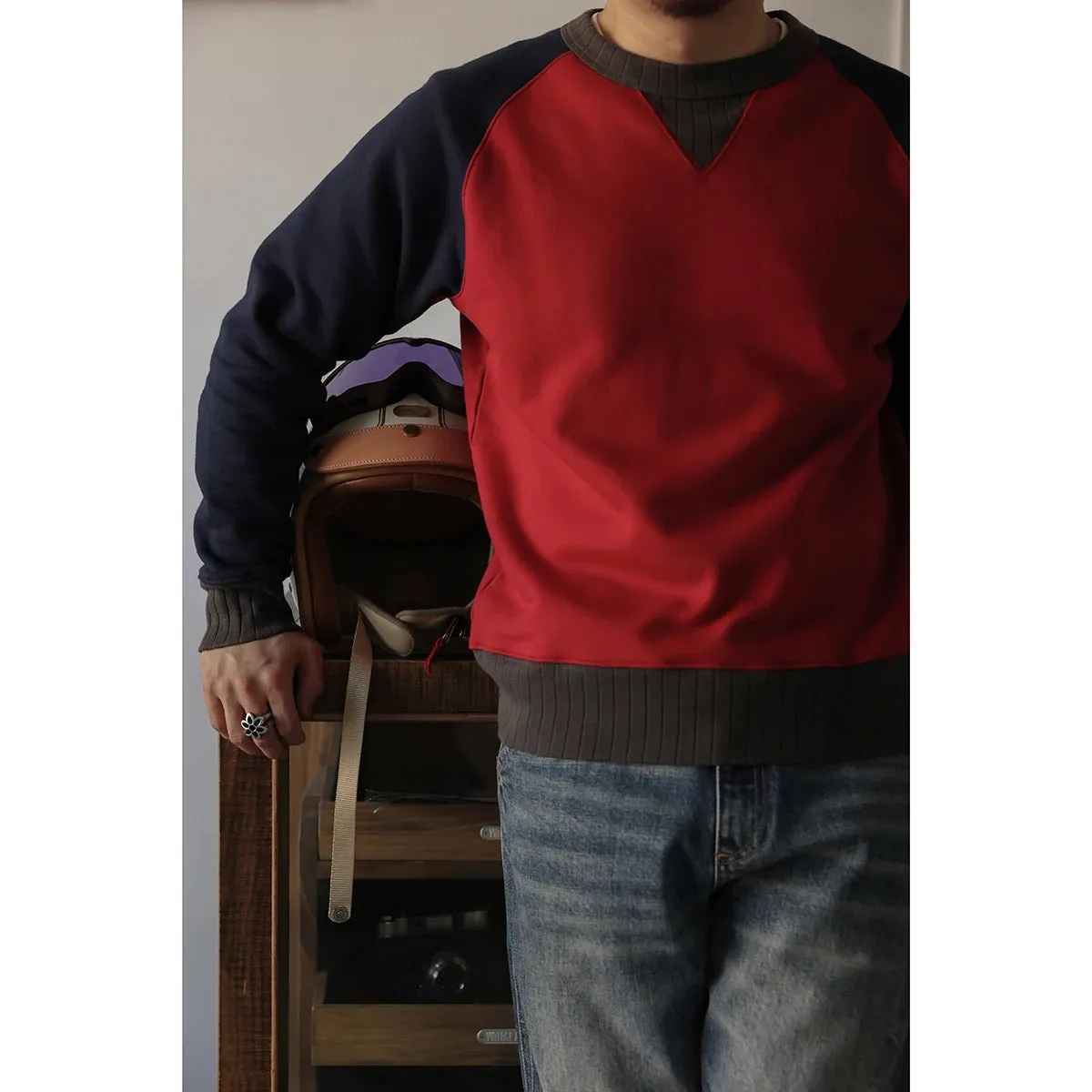 3-Tone Raglan Crew Neck Sweatshirt Heavyweight Double 'V' Neck Pullover