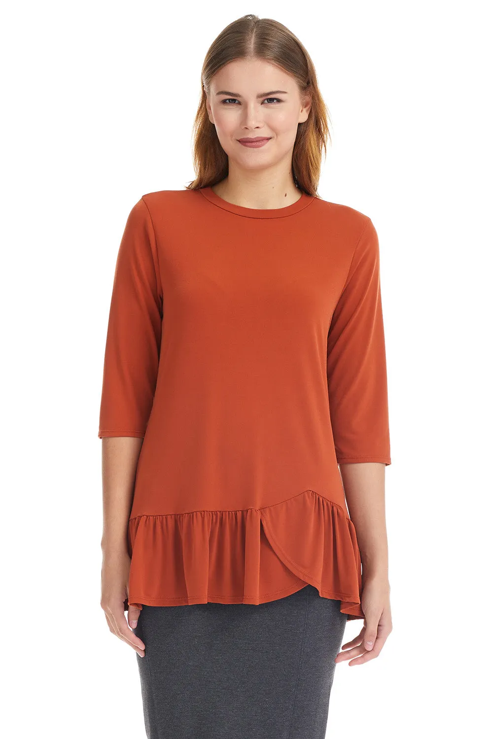 3/4 sleeve tunic top with ruffle hem 'Carnation'