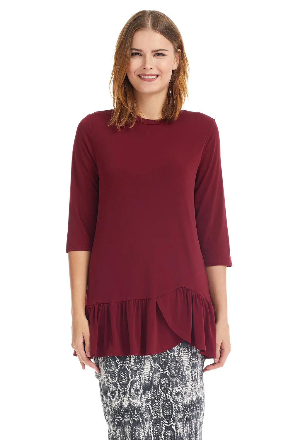 3/4 sleeve tunic top with ruffle hem 'Carnation'