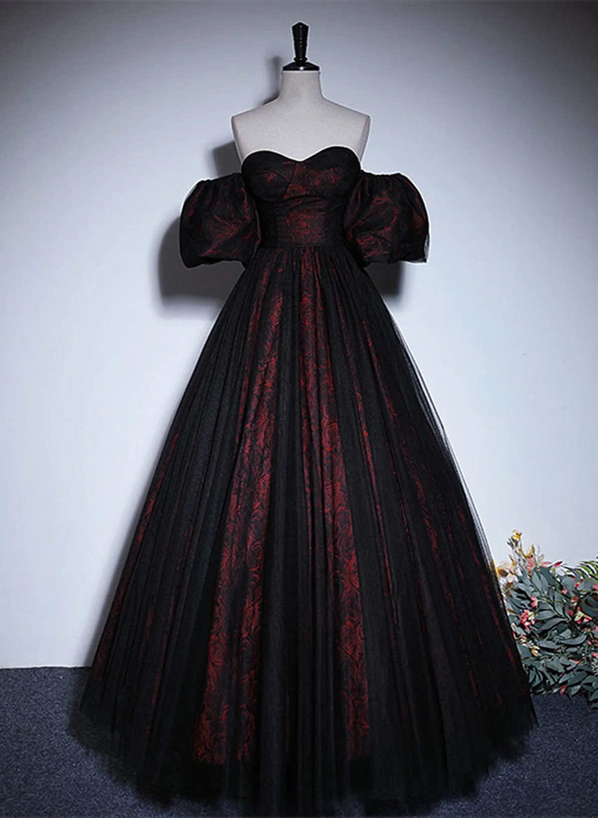 A-line Black and Red Lace Long Party Dress, Black and Red Prom Dress