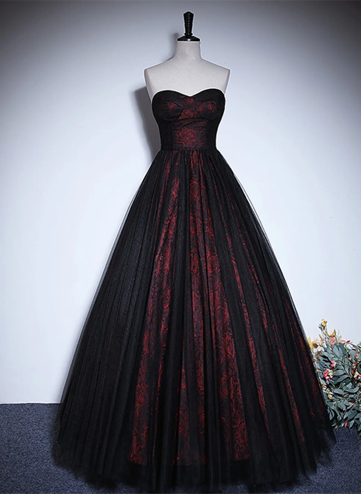 A-line Black and Red Lace Long Party Dress, Black and Red Prom Dress