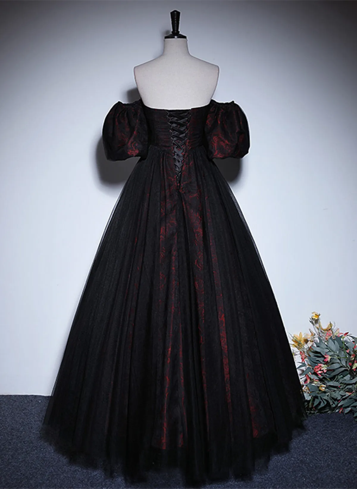 A-line Black and Red Lace Long Party Dress, Black and Red Prom Dress