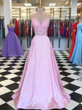 A Line V Neck Two Pieces Lace Top Pink Satin Long Prom, Pink Two Pieces Lace Formal Graduation Evening