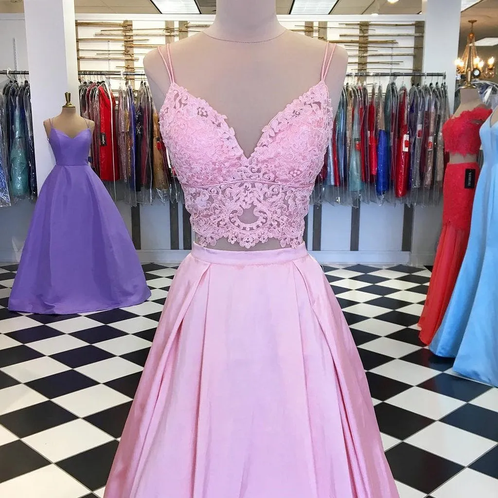 A Line V Neck Two Pieces Lace Top Pink Satin Long Prom, Pink Two Pieces Lace Formal Graduation Evening