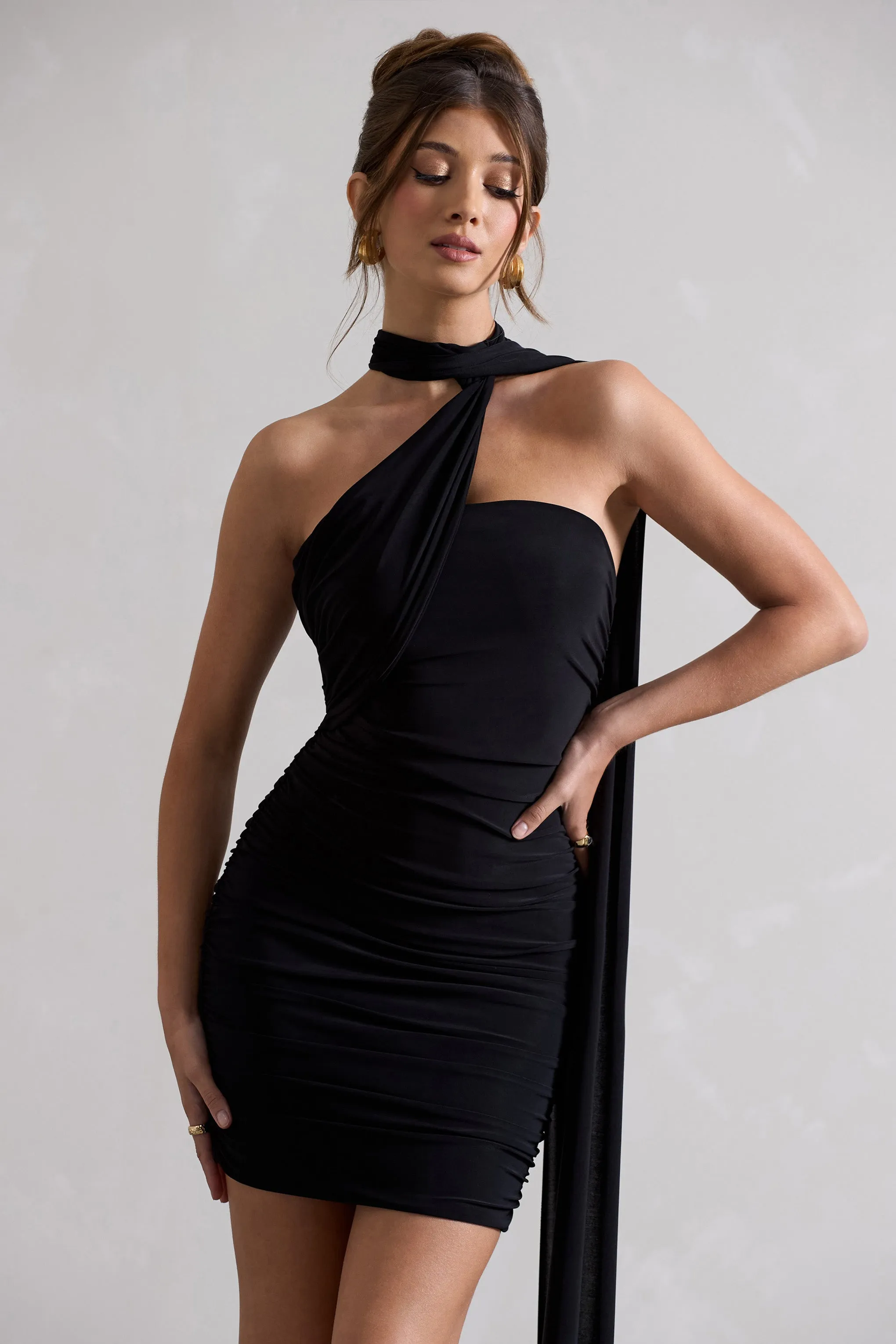 Abel | Black Ruched One Shoulder Mini Dress With Scarf