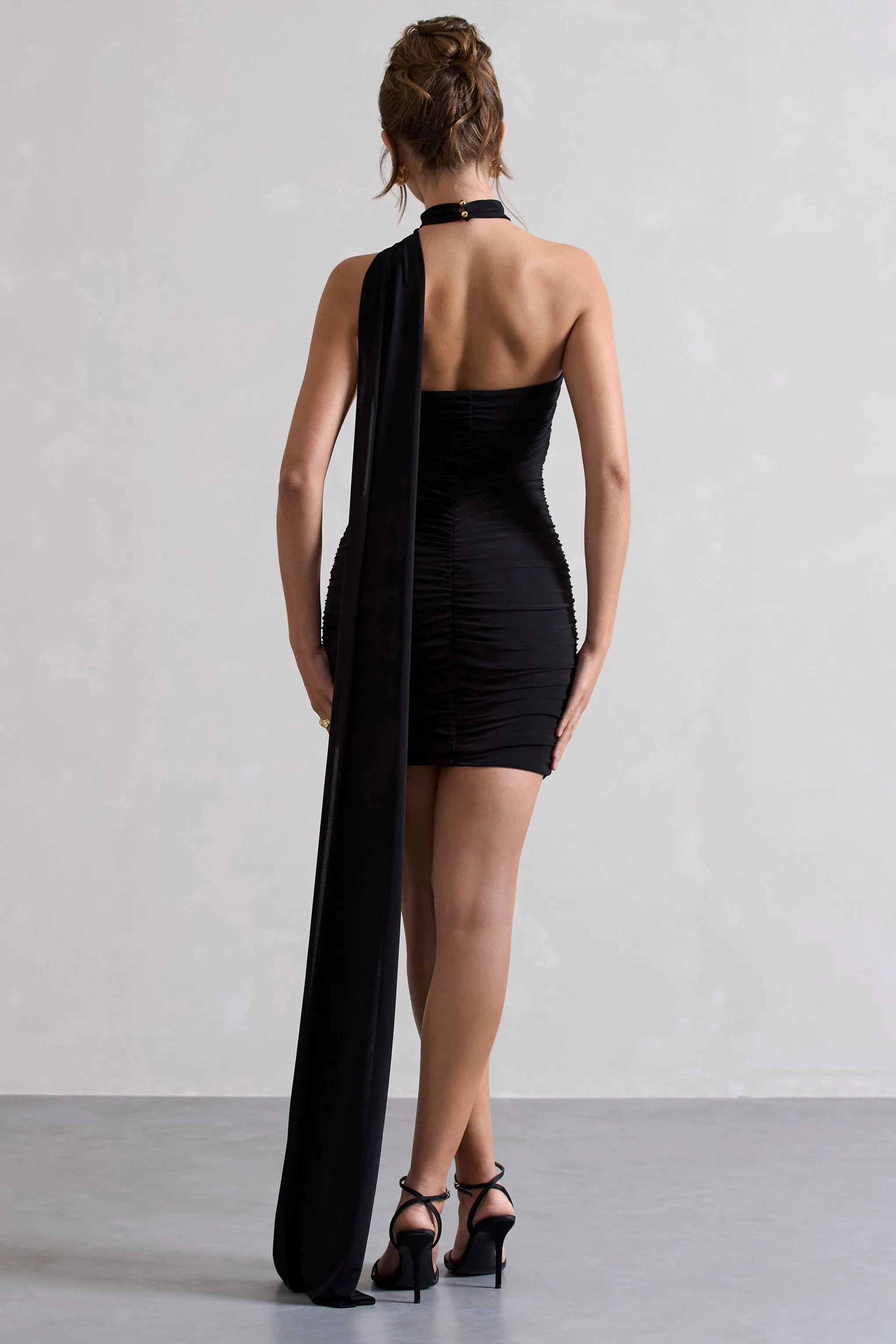 Abel | Black Ruched One Shoulder Mini Dress With Scarf