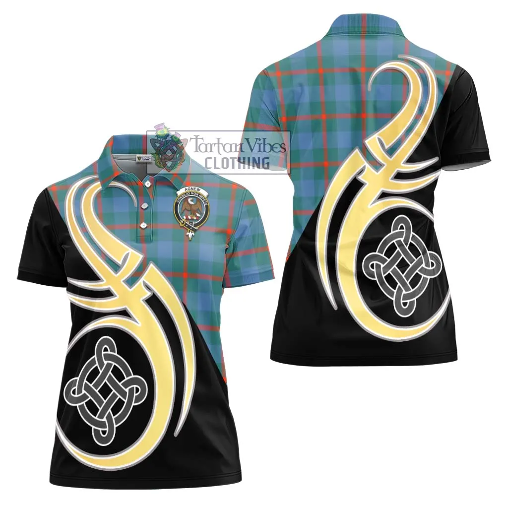 Agnew Ancient Tartan Women's Polo Shirt with Family Crest and Celtic Symbol Style