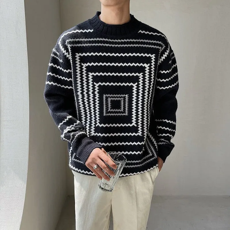 Aidase Back Half High Neck Pullover Sweater Black White Line Striped Print Knitted Sweater For Men Pull Homme Men Winter Sweater Brand