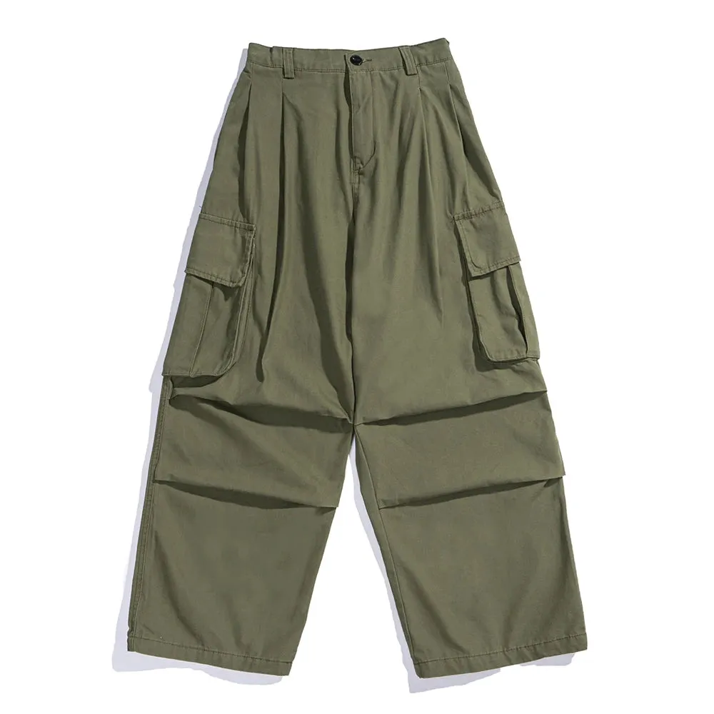 Aidase Men Khaki Solid Color Multi-pocket Overalls Mens Streetwear Loose Wide-leg Cargo Pants Casual Straight Plus Size Trousers Boys