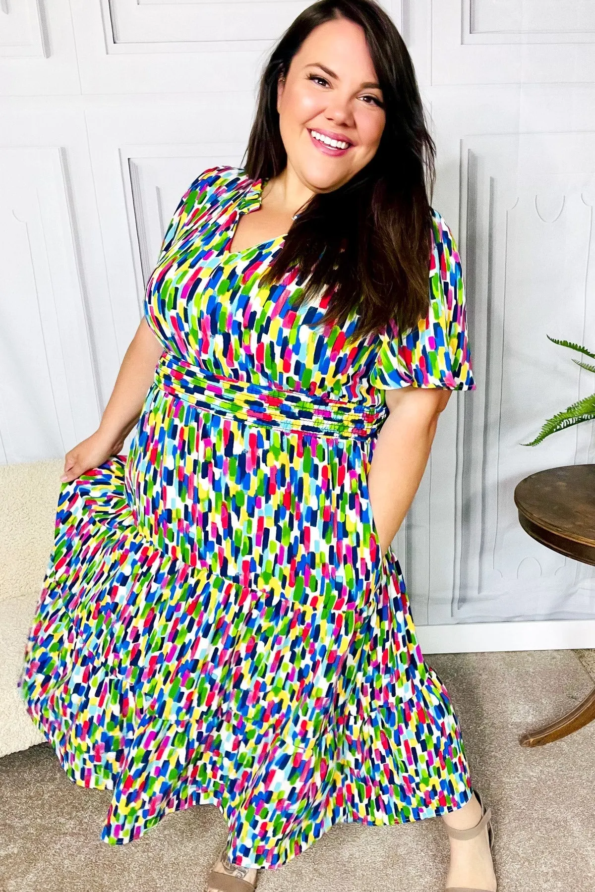 All For You Navy Multicolor Abstract Print Smocked Waist Maxi Dress