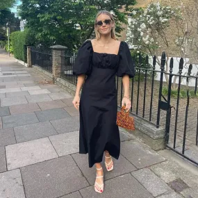 Amozae Maxi Summer Puff Sleeve Holiday Dress Black Square Neck Party Dresses Casual A Line Women Dress 2023