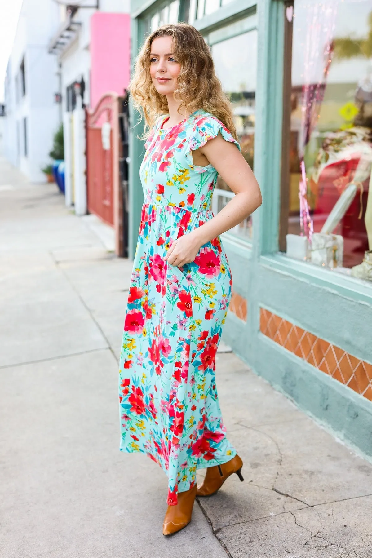 Aqua Floral Fit & Flare Maxi Dress