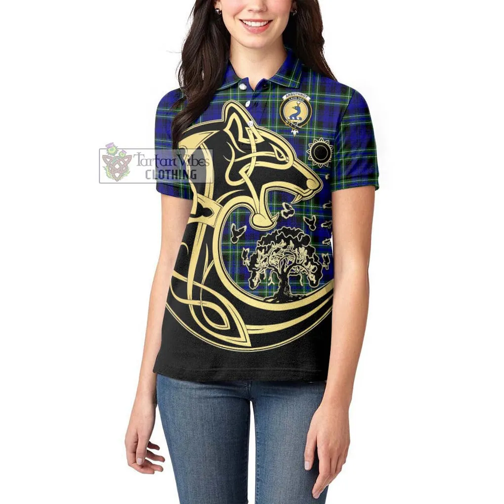 Arbuthnot Modern Tartan Women's Polo Shirt with Family Crest Celtic Wolf Style