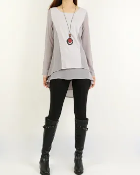 Asymmetrical t-shirt, Cotton and chiffon t-shirt, Long sleeve top, crew neck t-shirts, cotton top, patchwork t-shirt(Y1192)