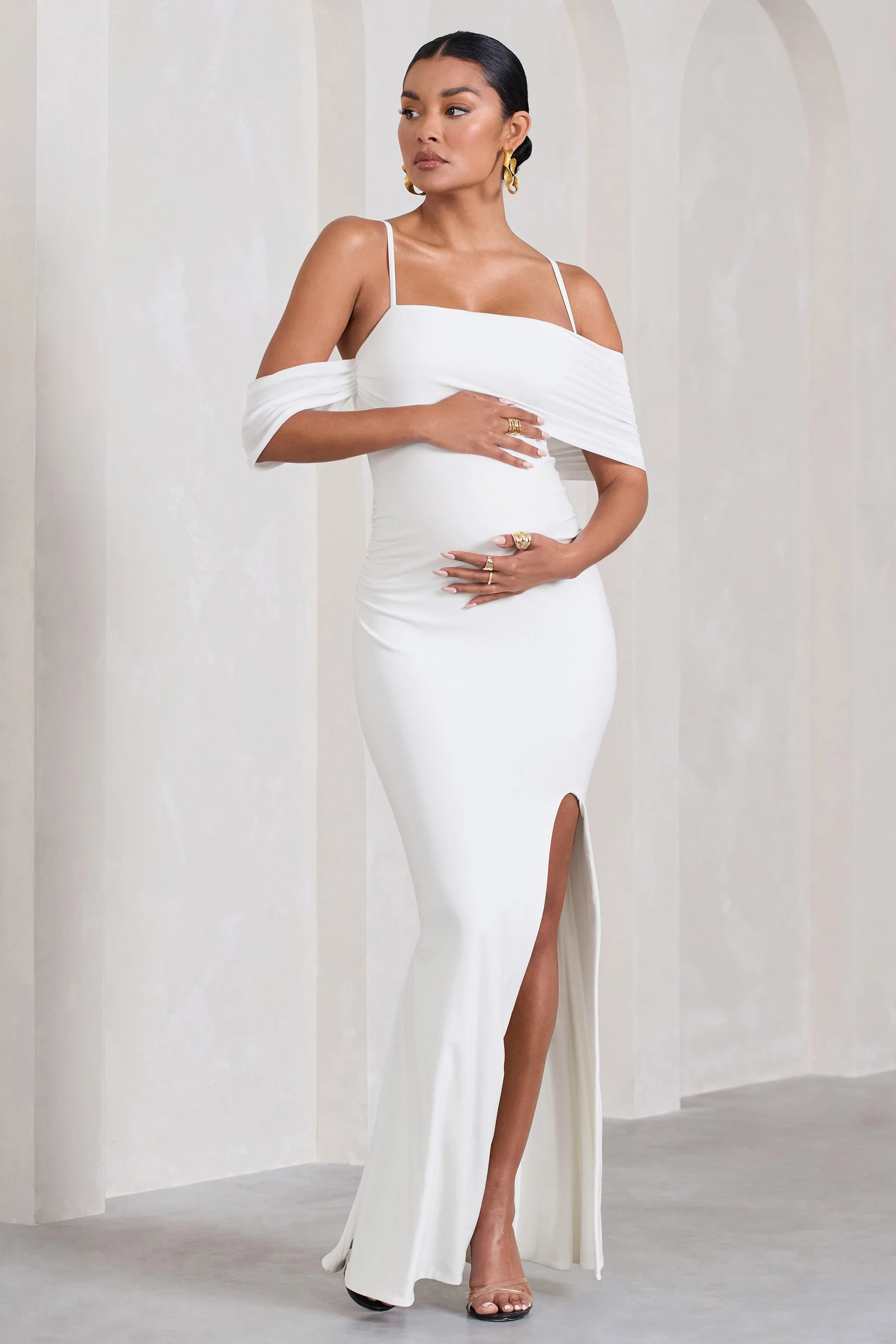 Augusta | White Mesh Bardot Strappy Split Maternity Maxi Dress