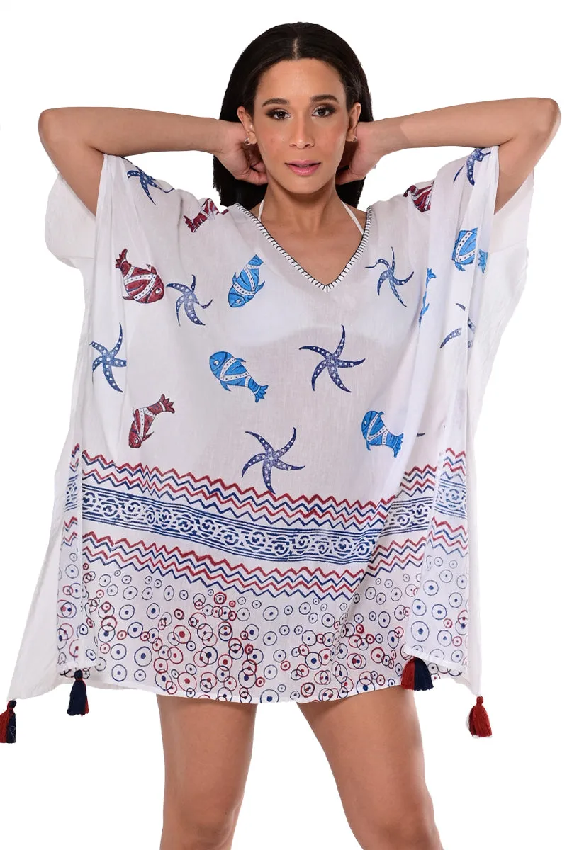 Azucar Ladies Cotton Square Beach Print Cover-Up Tunic V-neck in (2) Colors- LCT1755