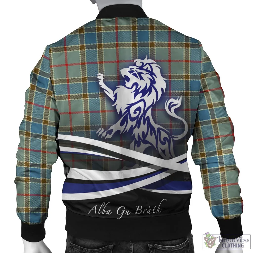 Balfour Blue Tartan Bomber Jacket with Alba Gu Brath Regal Lion Emblem