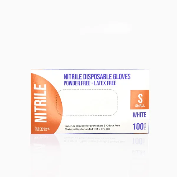 Barneys Nitrile Disposable Gloves Powder Free - White - Small - 100 Pieces