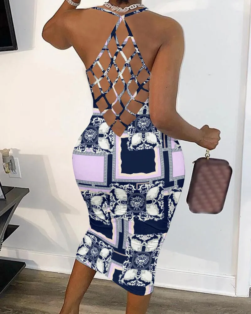 Baroque Scarf Print Backless Bodycon Dress