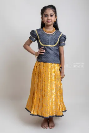 Beautiful Traditional Brown Silk Blouse With Yellow Banarasi Jacquard Pleated Designer Pattu Pavadai For Girls