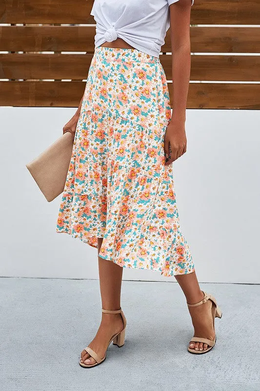 Beige Floral Ruffle Swing Midi Skirt