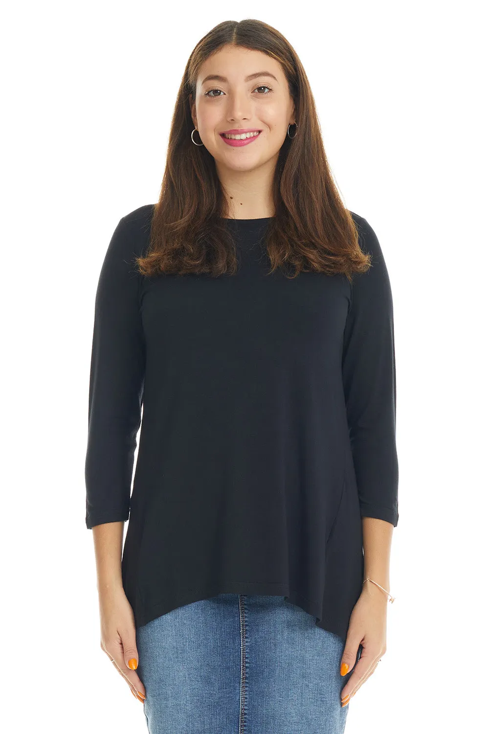 Black 3/4 Sleeve Crewneck Tunic Shirt 'Ivy' Top for Women