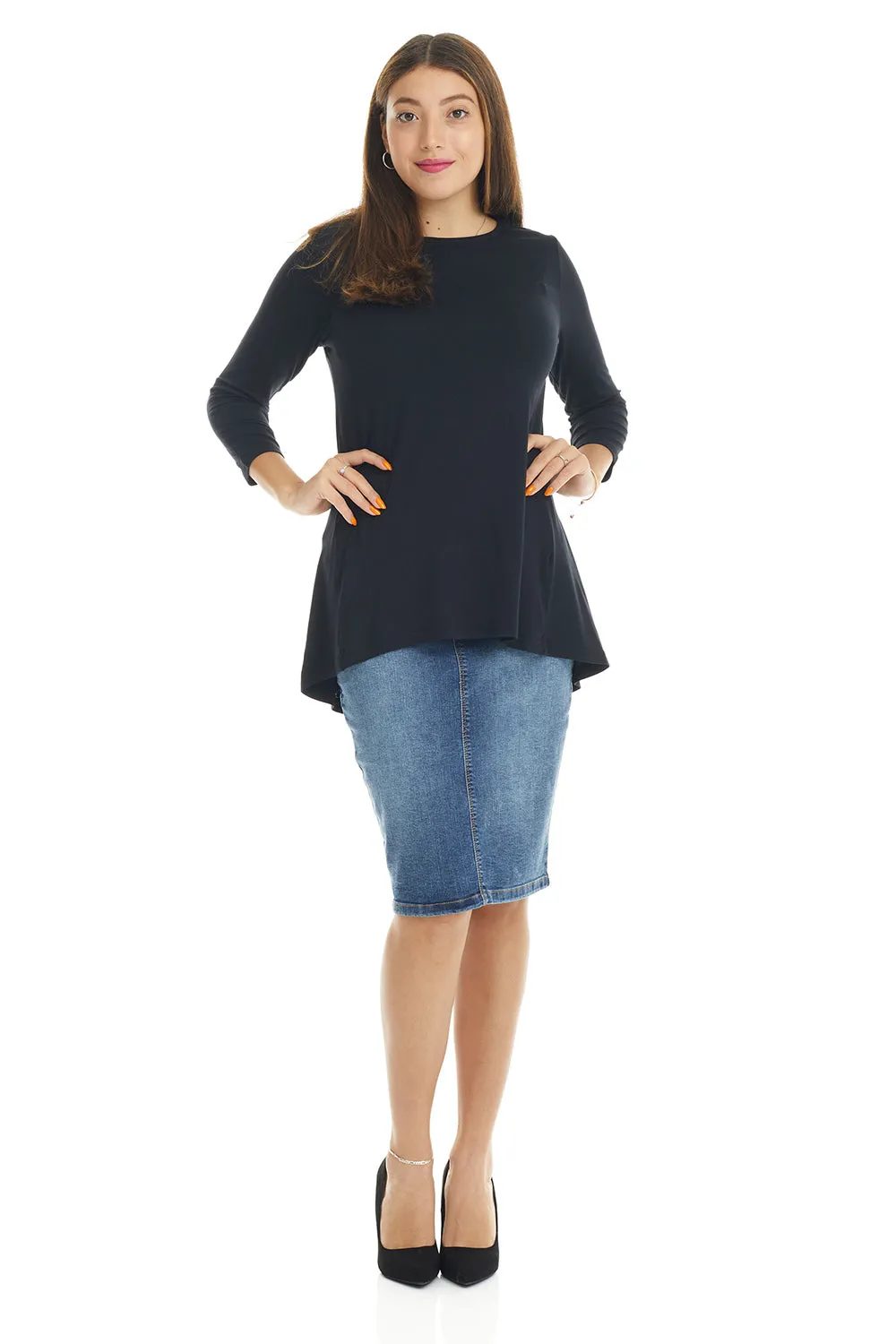 Black 3/4 Sleeve Crewneck Tunic Shirt 'Ivy' Top for Women