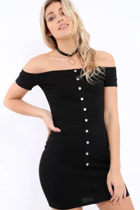 Black Bardot Popper Mini Dress - Angelika