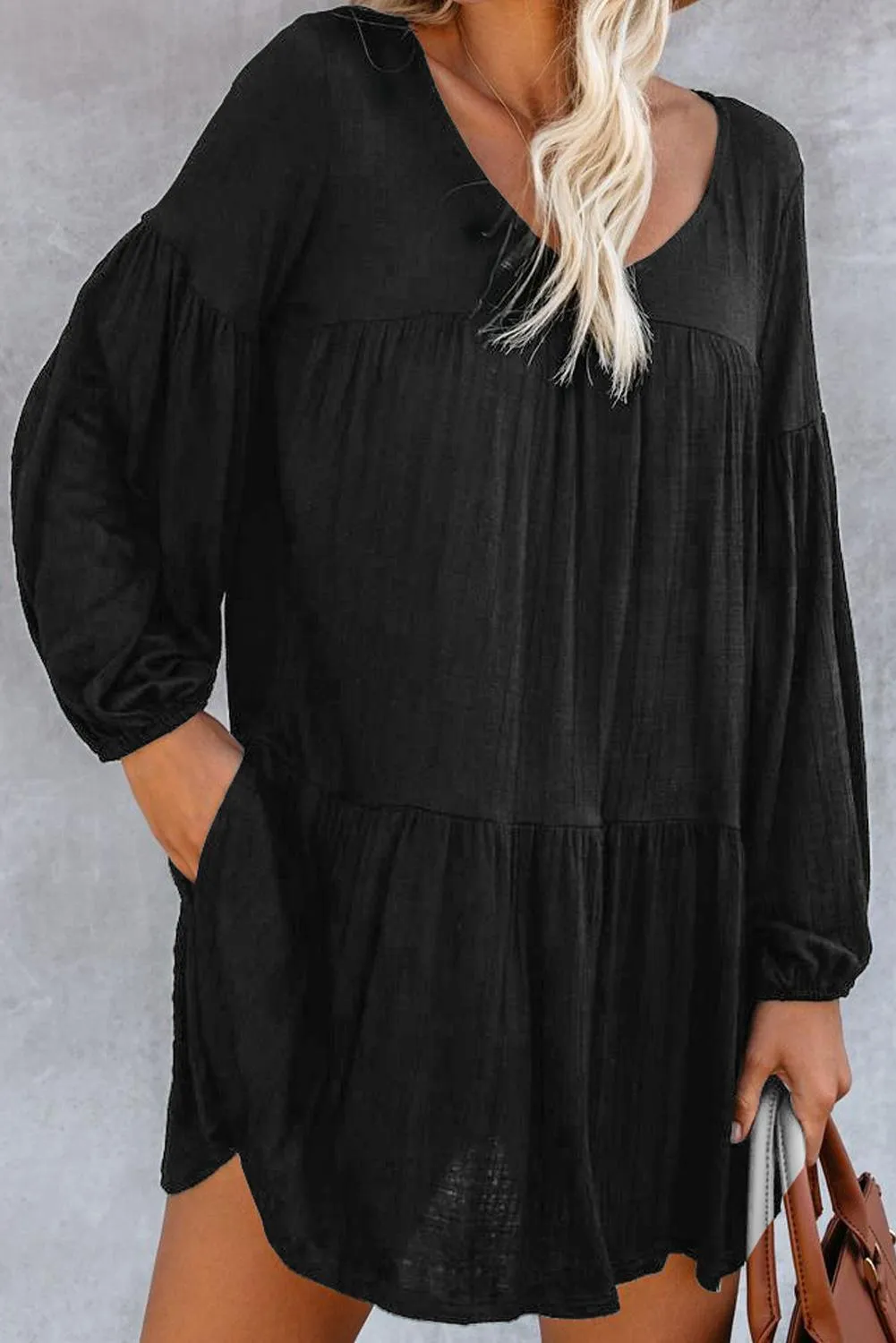 Black Long Sleeve Wanderlust Pocketed Tiered Tunic Dress