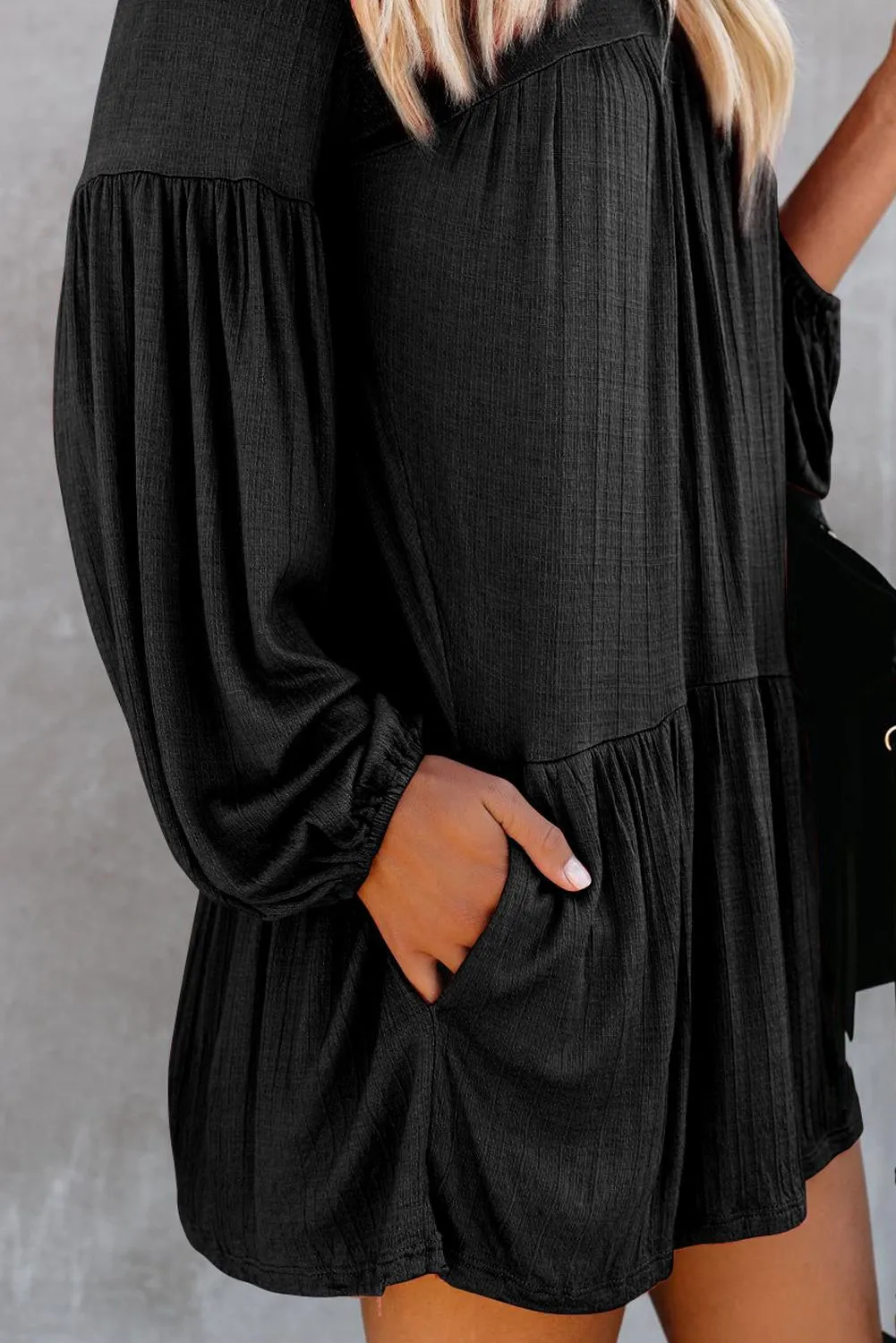 Black Long Sleeve Wanderlust Pocketed Tiered Tunic Dress