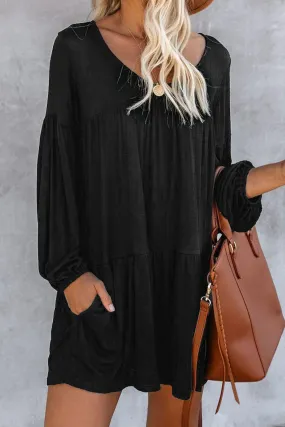 Black Long Sleeve Wanderlust Pocketed Tiered Tunic Dress