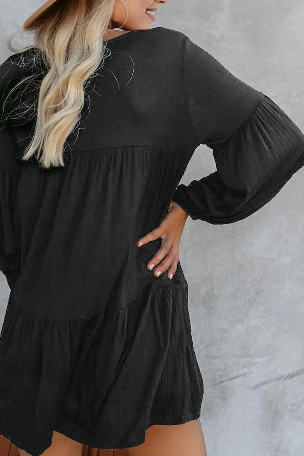 Black Long Sleeve Wanderlust Pocketed Tiered Tunic Dress