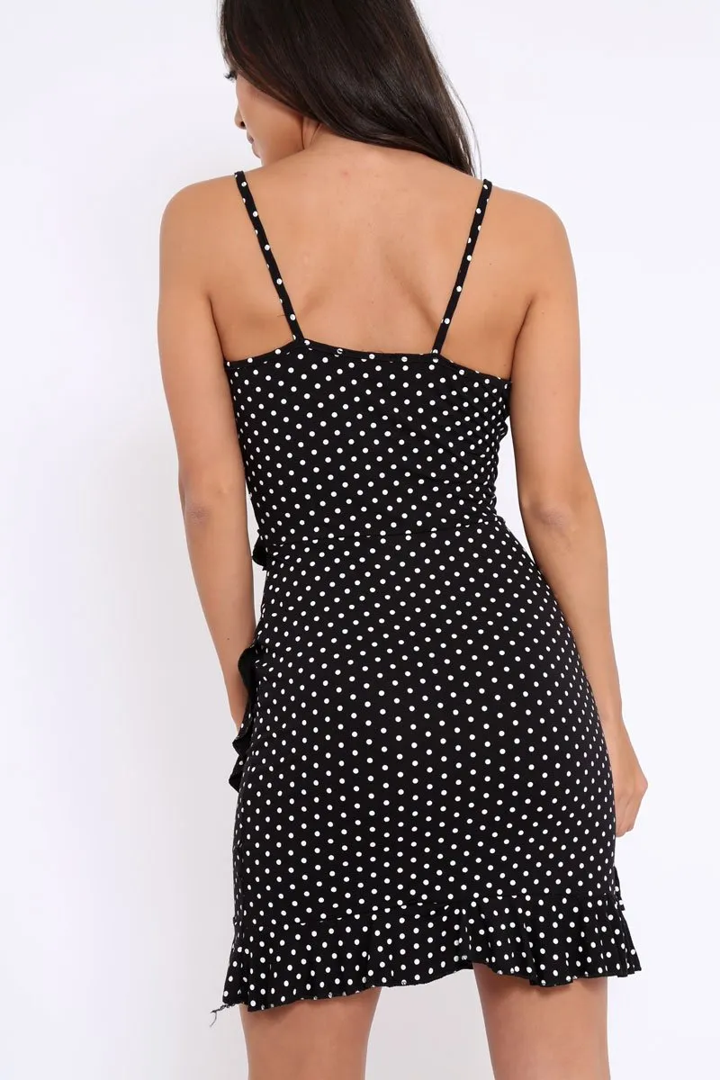 Black Polka Dot Wrap Dress with Frills - Beth