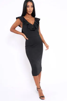 Black Ruffle Plunge Neck Dress - Damara