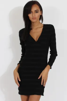 Black Textured V Neck Bodycon Dress - Salome