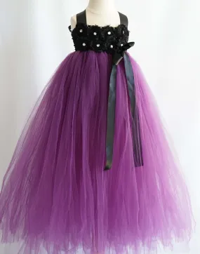 Blossomy Bodice and Plum Purple Sheer Tulle Skirt Dress