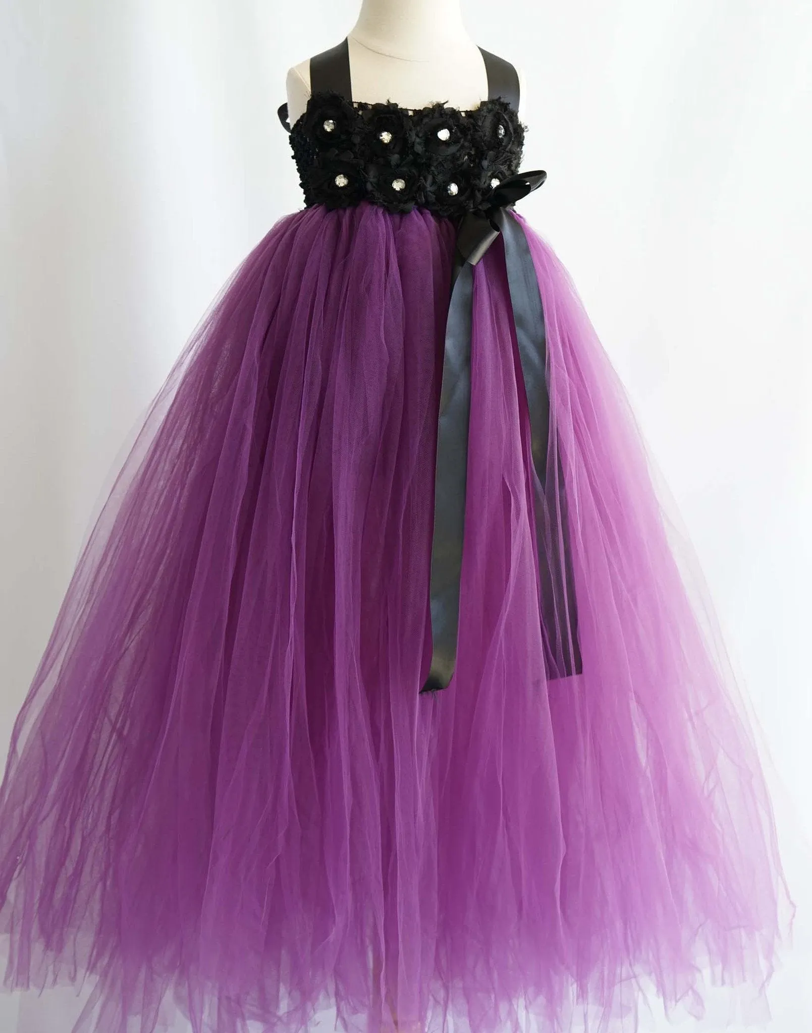 Blossomy Bodice and Plum Purple Sheer Tulle Skirt Dress