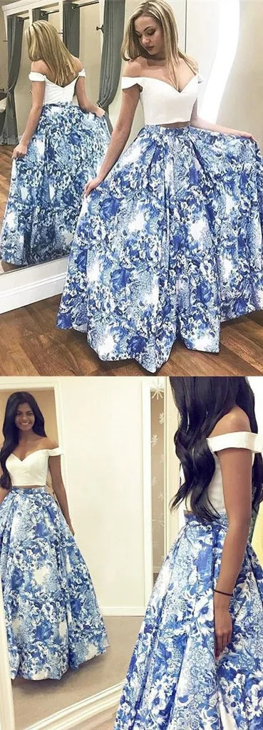 Blue Floral Satin Two-Piece Off-the-Shoulder Long Prom Dress, PD23030322